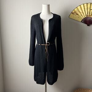 90s vintage black boho goth open front belted knit duster longline cardigan